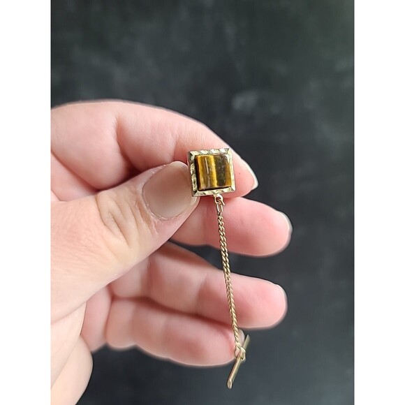 Tigers Eye Square Tie Tack 1970s - Picture 4 of 10